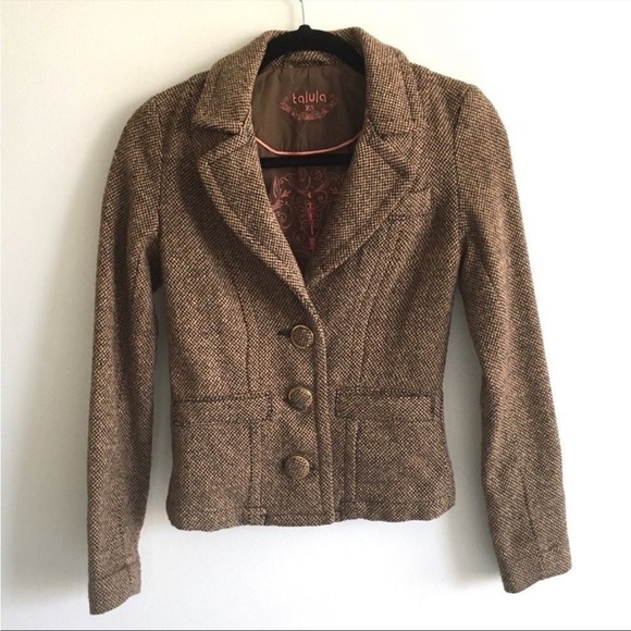 (SOLD) Aritzia Talula Brown Tweed Wool Blend Button Front Blazer Jacket XS - Picture 3 of 9